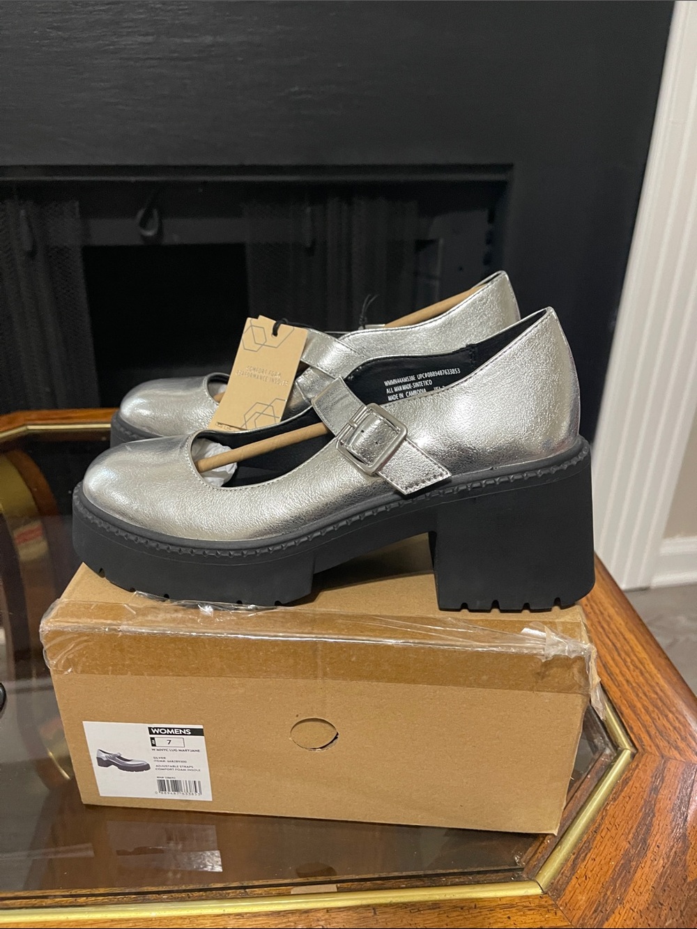 Silver Mary Jane Chunky Heel Shoes